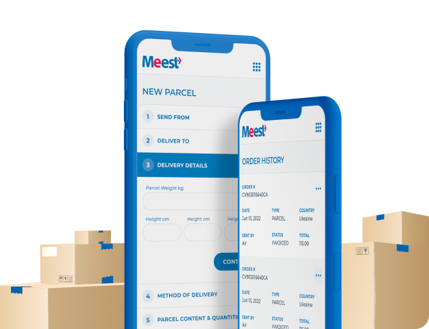 two phones with an open website on a background of boxes